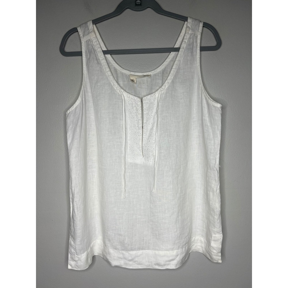 Eileen Fisher Irish Linen White Tunic Top Embellished Split V-Neck Sleeveless M